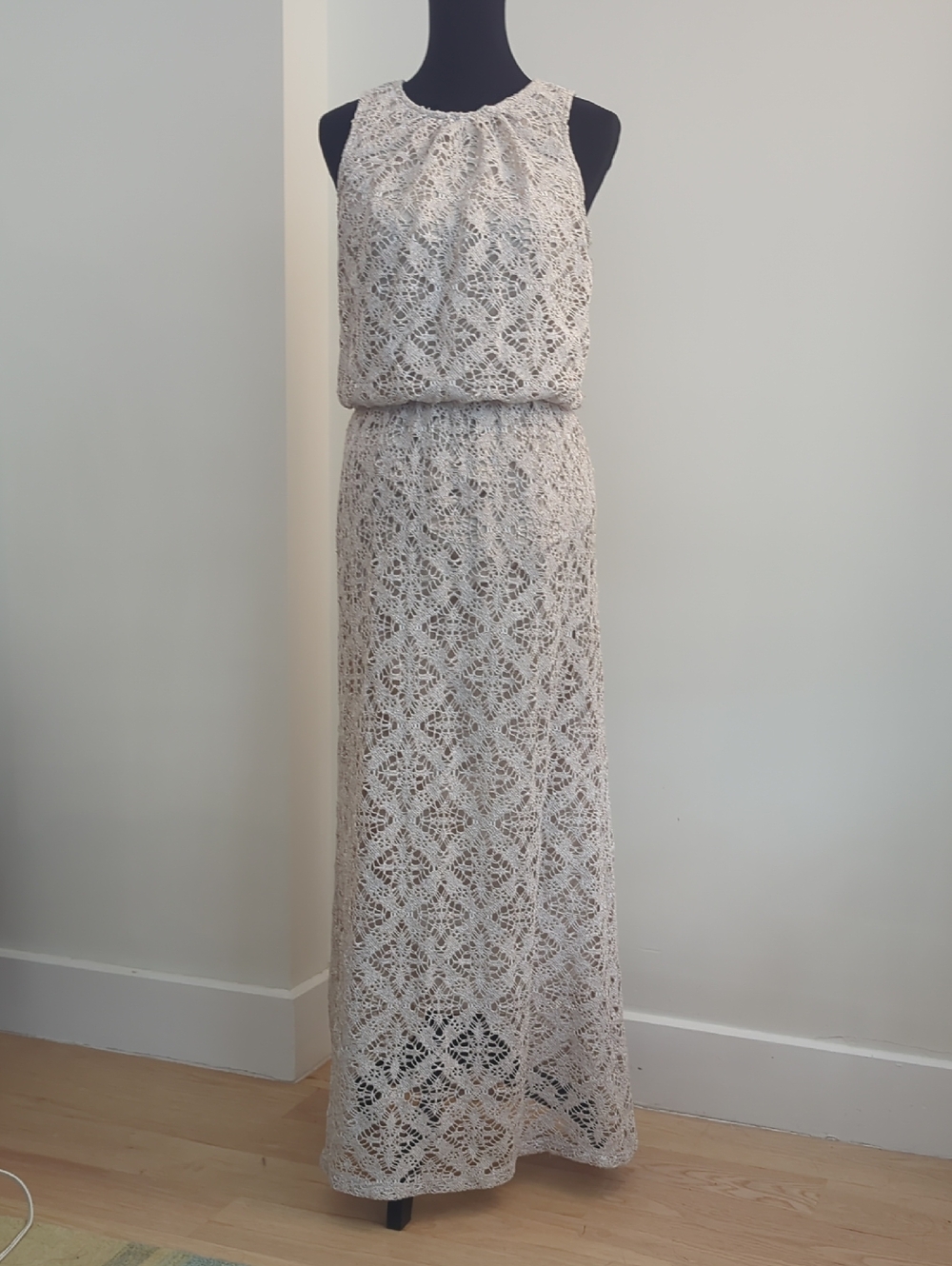 London Times Cream Diamond Crochet Lace Blouson Halter Maxi Dress SIZE 8